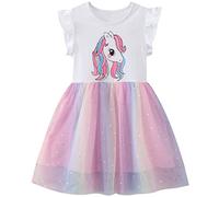 Baogaier Dresses for Girls Sleeveless Sequin Summer Tulle Dresses Cotton Kids Horse Print Glitter Casual Outfits Daily Party Tops Swing Dress for Children Little Girl 5-6 Years, White