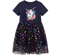 Baogaier Dresses Girls Sequin Tulle Dress Horse Print Cotton Short Sleeve Navy Blue Summer Casual Glitter Embroidery Mesh Dress School Daily Wear Party Outfits Clothes Kids Children 6-7 Years