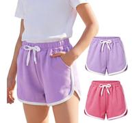 Baogaier Girls Athletic Shorts with 2 Pockets, 2 Pack, Cotton Casual Short Summer Kids Running PE Gym School Sports Cycling Shorts Colourful Short Pants Activewear for 7-8 Years, Purple+Rosered