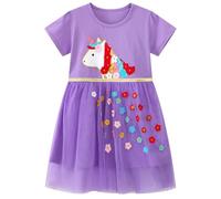 Baogaier Girls Cotton T-Shirt Dress - Short/Long Sleeve Spring Summer Tulle With Animal Embroidery, Stripe Sequins for Kids Toddler Girl 2-7 Years
