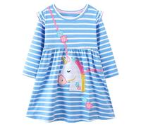 Baogaier Girls Dress Cotton Long Sleeve Soft Ruffle Blue&White Stripe Dresses Casual Elegant T-Shirt Horse Embroidery Applique Round Neck Birthday Party Princess Dress Kids Clothes 6-7 Years