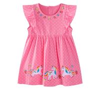 Baogaier Girls Dress Cotton Ruffle Sleeve Soft Pink Polka Dot Horse Pattern Dresses Casual Elegant Round Neck with Buttons Birthday Party Princess T-Shirt Dress Kids Clothes 3-4 Years