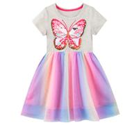 Baogaier Girls Dresses - Short Sleeve Cotton Tulle Dress - Butterfly Embroidery & Sequins - Grey (5-6 Years)