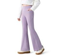 Baogaier Girls Flared Leggings with 2 Pockets High Waisted Stretchy Breathable Athletic Trousers Soft Dance Sports School Bell Bottoms Pants Kids Activewear for 9-10 Years, Purple
