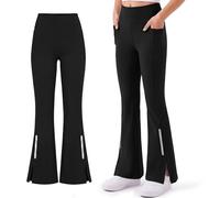 Baogaier Girls Leggings with 2 Pockets UPF 50 Split Design Flared Legging High Waist Stretchy Bell Bottom Pants Casual Dance Sports School Athletic Trousers Activewear 12-13 Years, Black