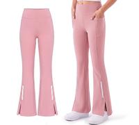 Baogaier Girls Leggings with 2 Pockets UPF 50 Split Design Flared Legging High Waist Stretchy Bell Bottom Pants Casual Dance Sports School Athletic Trousers Activewear 7-8 Years, Pink