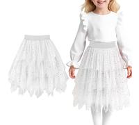 Baogaier Girls' Tulle Skirt Sequins Elastic High Waist Mesh Pleated Skirt Carnival Costume Elegant Tulle Skirt Tutu Princess Skirt with Lined Pleated Dress Fancy Dress Party for 5-12 Years, White, 6-7