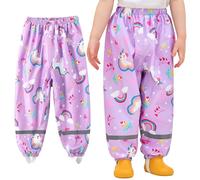 Baogaier Girls Waterproof Rain Trousers Kids Mud Dirty Proof Pants with Reflective Strip Purple Horse Print Outdoor Overtrousers Lightweight School Play Rainwear for 7-8 Years