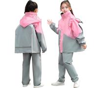 Baogaier Girls Waterproof Suit Kids Hooded Raincoat Rain Trousers Set Lightweight Breathable Jacket Pants Puddle Suit with Storage Bag Rainwear for Camping Hiking Age 13-14 Years, Grey Pink