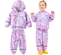 Baogaier Girls Waterproof Suit Kids Rain Suit Lightweight Rain Jacket and Trouser Set, Purple Horse Windproof Mesh Lining Raincoat & Pants 2 pcs Sets Outdoor Play Rainwear Age 5-6 Years