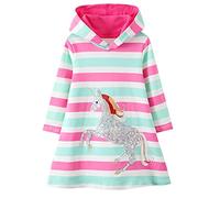 Baogaier Hooded Dress Kids Girls Stripes Horses Hoodies Sweatshirt Long Sleeves Jumper Cotton Sequins Glitter Spring Autumn Winter Causal Hoody Dresses Tops Sweater Pullover Outfits Age Size 6-7 Years