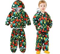 Baogaier Kids Waterproof Jacket and Trouser Set Boys Rain Suit Lightweight Mesh Lining Hooded Raincoat & Pants 2 pcs sets Puddle Suit Outwear Rainwear Age 2-3 Years, Dark Green Dinosaur