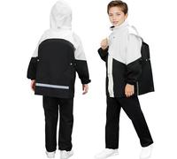Baogaier Kids Waterproof Suit Boys Girls Hooded Raincoat Rain Trousers Set Lightweight Breathable Puddle Suit with Storage Bag Rainwear for Camping Hiking Age 13-14 Years, Black White
