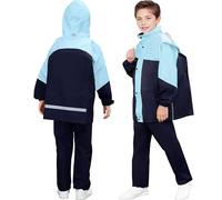 Baogaier Kids Waterproof Suit Boys Girls Hooded Raincoat Rain Trousers Set Lightweight Puddle Suit with Storage Bag Rainwear for Camping Hiking Age 11-12 Years, Light Blue & Black