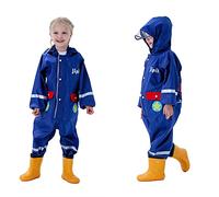 Baogaier Raincoat Boys Puddle Suit Hooded Blue Waterproof Rainsuit Rain Onesie Coverall Poncho Jumpsuit Rainwear Jacket 3D Aircraft Print Transparent Hat Brim Reflective Stripe for Kids Age 7-8 Years