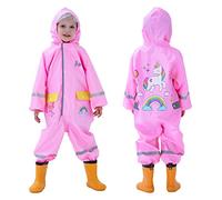 Baogaier Rainsuit Girls Puddle Suit Pink Raincoat Hooded Onesie Waterproof Coverall All in One Rain Poncho Suit Jumpsuit Rainwear Reflective Transparent Hat Brim Jacket Pants Child Kid Age 6-7 Years