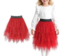 Baogaier Tutu Skirt for Girls, Elastic Waist Layered Sequin Star Ballet Tutu Skirts with Lining for Dance Birthday Costume Party Performance Christmas Halloween, 11-12 Years, Red