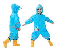 Baogaier Waterproof Rainsuit Baby Boys Puddle Suit Hooded All in One Rain Muddy Suit Lightweight Onesie Rainwear Jumpsuit Raincoat with Transparent Brim & Owl Print for Toddler Boy 1-2 Years, Blue S