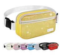 BAOGCOYO Fanny Packs for Women Men Mini Fashion Glitter Waist Packs with Adjustable Strap and 3 Zipper Pockets Everywhere Crossbody Belt Bag for Outdoors Running Travelling, Gold Yellow Sparkle