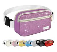 BAOGCOYO Fanny Packs for Women Men Mini Fashion Glitter Waist Packs with Adjustable Strap and 3 Zipper Pockets Everywhere Crossbody Belt Bag for Outdoors Running Travelling, Purple Bling Sparkle