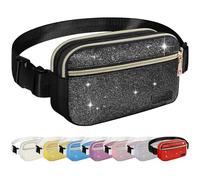 BAOGCOYO Fanny Packs for Women Men Mini Fashion Glitter Waist Packs with Adjustable Strap and 3 Zipper Pockets Everywhere Crossbody Belt Bag for Outdoors Running Travelling, Black Bling Sparkle, 7.9 x