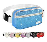 BAOGCOYO Fanny Packs for Women Men Mini Fashion Glitter Waist Packs with Adjustable Strap and 3 Zipper Pockets Everywhere Crossbody Belt Bag for Outdoors Running Travelling, Blue Bling Sparkle