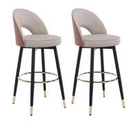 BaoHYeS Cocina Swivel Bar Stools Set of 2 w/Back and Arms Round Leather Kitchen Island Barstools 25 inch Counter Height Bar Chairs Black Metal Legs + Gold Footrest for Pub Home Bar Dining