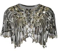 BAOKELAN Women 1920s Shawl Sequin Beaded Evening Cape Retro Wraps Scarf Cover Up for Wedding Party Bride Dress Black Gold