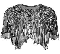 BAOKELAN Women 1920s Shawl Sequin Beaded Evening Cape Retro Wraps Scarf Cover Up for Wedding Party Bride Dress Black Silver