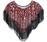 BAOKELAN Women's 1920s Shawl Sequin Beaded Art Evening Cape Tassel Shawls Warps for Gatsby Bridal Wedding Party Black Red