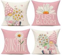 BAOKU Cushion Covers 45x45 cm Pillow Covers Spring Decorative Home Decor for Bed Couch Sofa Bedroom Office Pack of 4 daisy flowers pink Pattern Linen Pillowcase 18x18 Inch