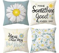 BAOKU Cushion Covers 45x45 cm Pillow Covers Spring Decorative Home Decor for Bed Couch Sofa Bedroom Office Pack of 4 light Blue, white, daisy flowers Pattern Linen Pillowcase
