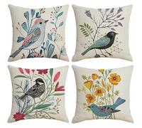 BAOKU Cushion Covers 45x45 cm Pillow Covers Spring Decorative Home Decor for Bed Couch Sofa Bedroom Office Pack of 4 Decorative Birds Pattern Linen Pillowcase 18x18 Inch