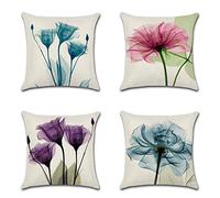 BAOKU Watercolor Flowers Cushion Covers Pillowcase Home Decorative Square Cushion Covers 18 X 18 Inch Linen Square Cushion Cover, 4Pack
