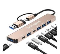 baolongking 7 in-1 HUB Adapter, USB C Hub with 2USB-C Data Ports, USB3.0 & 4USB2.0, Portable USB C Multiport Adapter, for Tablet, Laptop, PS5/PS4, Switch, Printer, USB Fan, Flash Drive (7 IN1 golden)