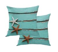 BaoNews Antique Rustic Teal Blue Outdoor Throw Pillow Covers, Gold and White Starfish in Sand Border On Cushion Cover Water Resistant Linen Blend Hidden Zipperl Indoor Pillows Square 16X16 in 2 Pcs