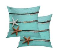 BaoNews Antique Rustic Teal Blue Throw Pillow Covers, Gold and White Starfish in Sand Border On Cushion Cover Digital Blended Hidden Zipperl Decorative Pillowcases for Hair Skin Square 26X26 in 2 Pcs