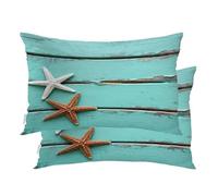 Baonews Antique Rustic Teal Blue Throw Pillow Covers, Gold and White Starfish in Sand Border On Cushion Cover Digital Blended Hidden Zipper Decorative Pillowcases for Bedroom Lumbar 20X26 in 2 Pcs