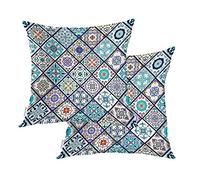 BaoNews Beautiful Fashion Moroccan Throw Pillow Covers,Blue Colored Portuguese Tiles Cushion Cover Digital Blended Hidden Zipperl Decorative Pillowcases for Hair Skin Square 18X18 IN 2 Pcs