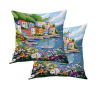 Baonews Coastal Charm Seaside Ity Outdoor Throw Pillow Covers, Colorful Architecture Flower Filled Landscape Cushion Cover Water Resistant Linen Hidden Zipperl Indoor Pillows Square 20X20 IN 2 Pcs