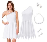BAOPLAYKIDS Halloween Family Costume for Women Couples Wilma Flintstone White Dress Outfit with Necklace Earrings Accessories, L
