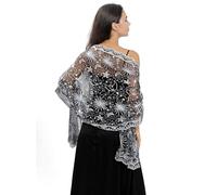 Baoqiya Women's Sparkling Sequin Deco Wedding Scarf for Bride 1920s Shawls and Wraps for Evening Party Dress, Black+silver, Large