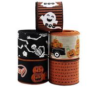 BAORJCT Halloween Ribbon Wired,5 Rolls Orange and Black Halloween Ribbon 2.5 Inch Total 90 Feets(30 Yards), Stripe Ghost/Skull/Truck Pumpkin/Line Dot Stripe for Crafts,Wreaths,Party Decoration