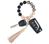 BAOSIWA Silicone Beaded Bracelet Keychain Wristlet Key Ring Bangle Chains for Women with Leather Tassel, Khaki Black, One Size