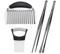 Baoswi 4 Pack Kitchen Utensils, 12-Inch Tweezers Tongs, Crinkle Cutter, Onion Holder for Slicing, Stainless Steel, Tongs for Plating and Serving, Slicer Assistant Tool for Veggies Fruit Meat (Black)