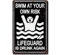 BAOTEG Retro Metal Tin Sign Swim At Your Own Risk Pool Sign,No Lifeguard On Duty Sign for Swimming Pool Beach Water Park Decor For Home Kitchen Garage Man Cave Home Decor Wall Art 8x12 Inches, CQQ-G1