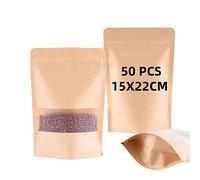 BaoWnylz 50pcs Kraft Paper Bag with Window(15x22x5.5cm),Bath Salt Packaging, Waterproof and Moisture-Proof, Reusable, Suitable for Dried Fruit Coffee Tea Seeds