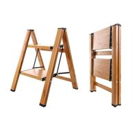 BAOYOUNI 2 Step Ladder Folding Step Stool Portable Lightweight Aluminum Stepladder with Anti-Slip Wide Pedals 330lbs Capacity for Home Kitchen Garden Office - Black + Wood Grain Color