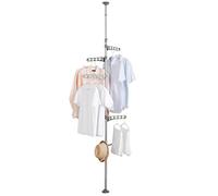 BAOYOUNI Adjustable Laundry Pole Corner Clothes Drying Rack Stand Floor to Ceiling Tension Shelf Metal Coat Tree Hanger Storage Organizer with 4 Arms & 1 Hook - Grey