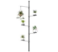 BAOYOUNI Adjustable Plant Stand Indoor, 5-Tier Metal Telescopic Pole Flower Pot Display Rack, Corner Storage Shelf with 4 Trays 1 Hanger, for Living Room, Balcony, Office, Home Decor, Black